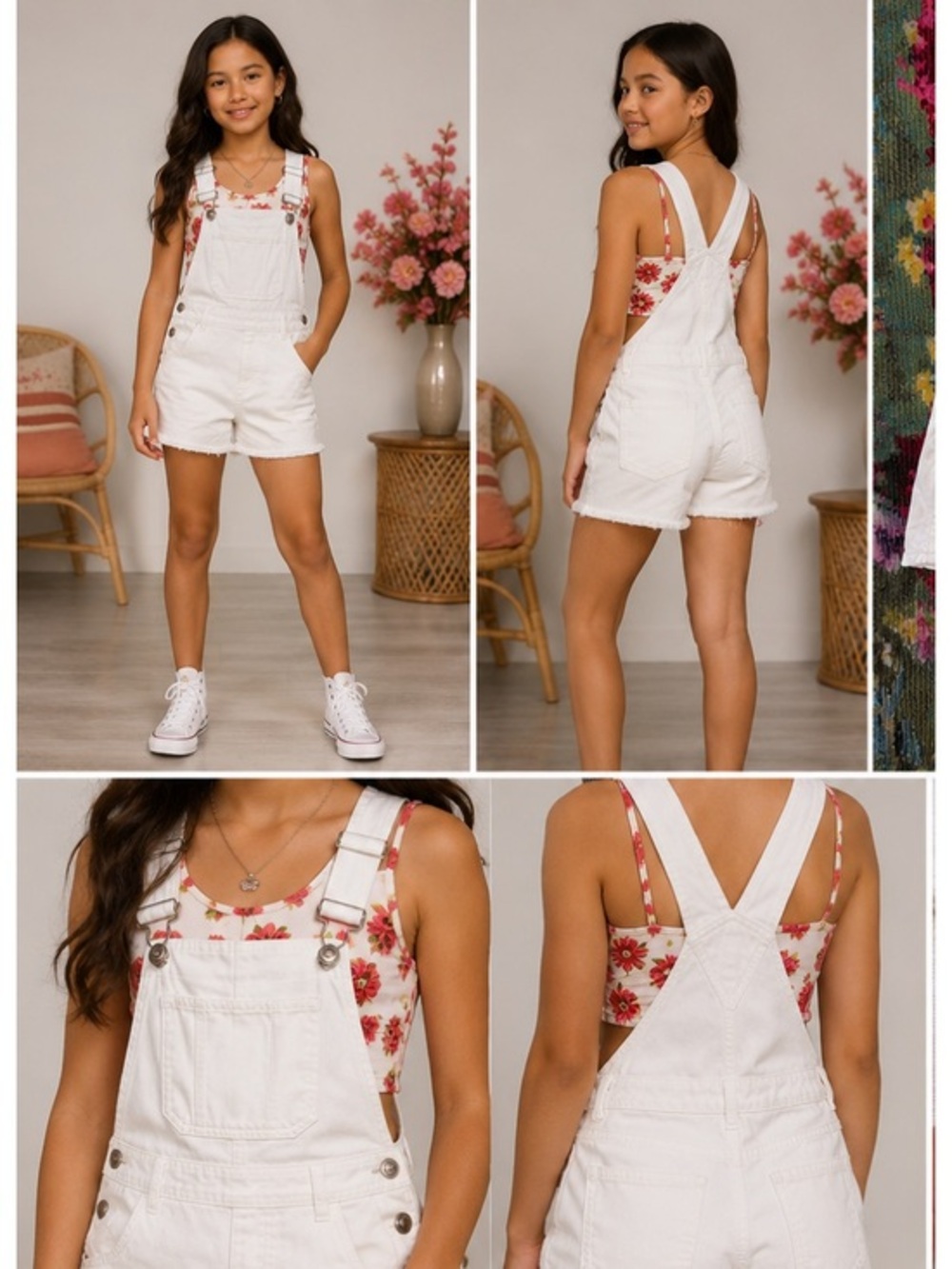 ZARA Girls White Denim Overall Shorts Size 10-12 (152) Adjustable Straps Raw Hem